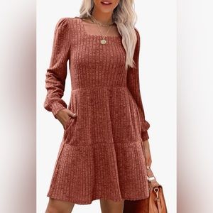 NEW! Women’s Square Neck Long Sleeve Fall Dress/ Casual Babydoll Sweater Dress